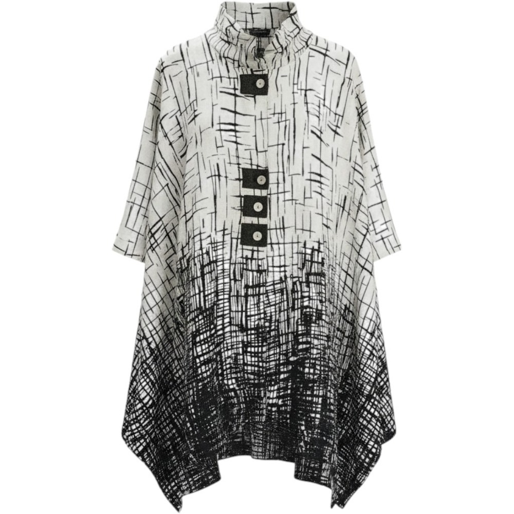 John Mark Women Large Black White Abstract Grid Linen Blend Button Up Tunic Top